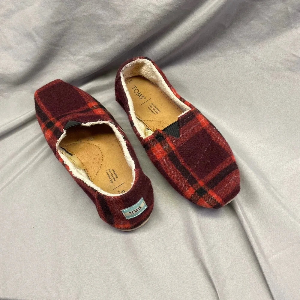 TOMS Womens Alpargata Red Plaid‎ Wool Faux Shearling Lined Slip On Shoes 8.5